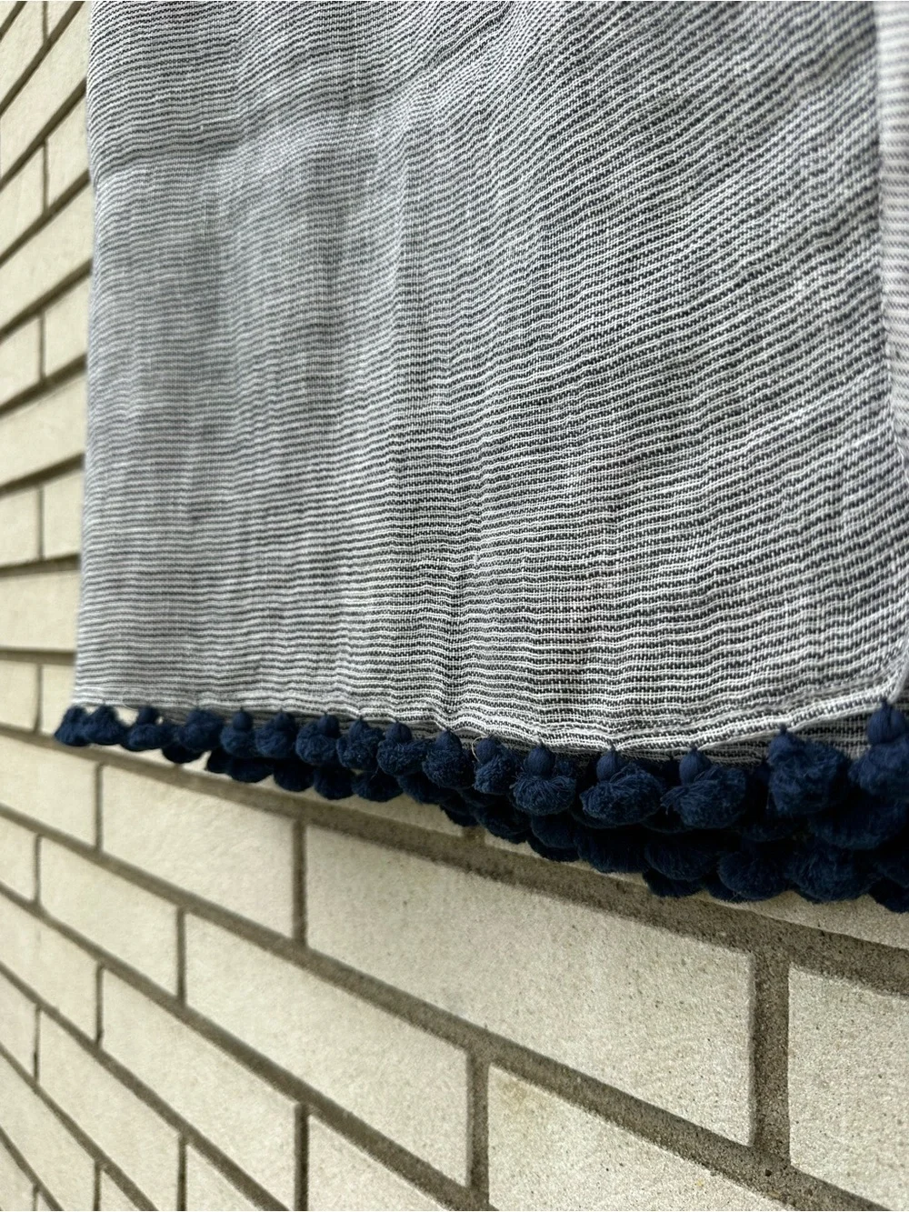 Oversized Linen Pom Pom Tassel Scarf Blue White Colorblock Shawl Wrap Coastal